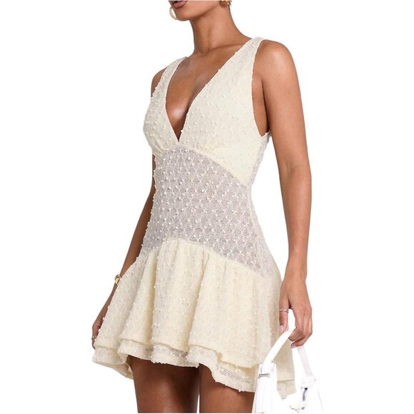 Women's Summer Crochet Mini Dress Deep V Sleeveless Ruffle Vacation Party - Picture 3 of 5